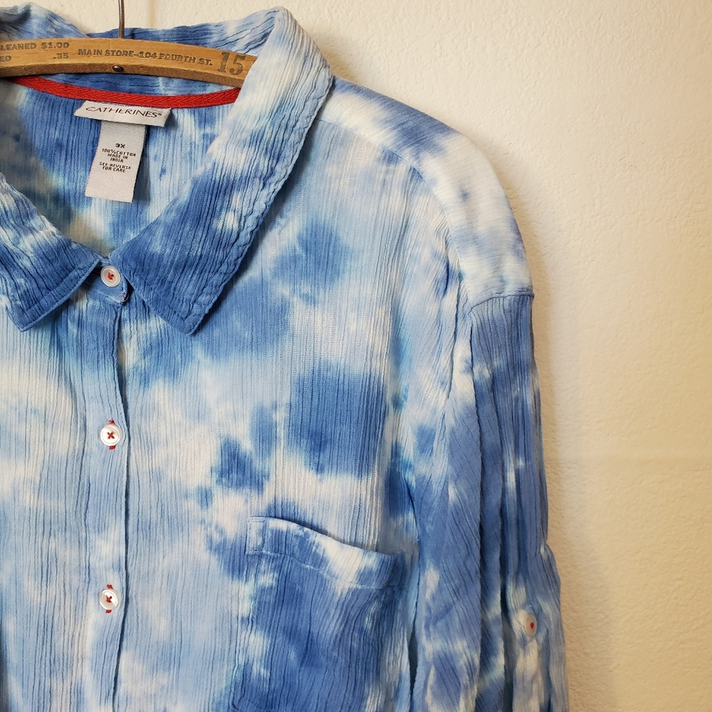 Women 3x EUC Lightweight 100% Cotton Blue White Tie Dye 3/4 Sleeve Button up Top